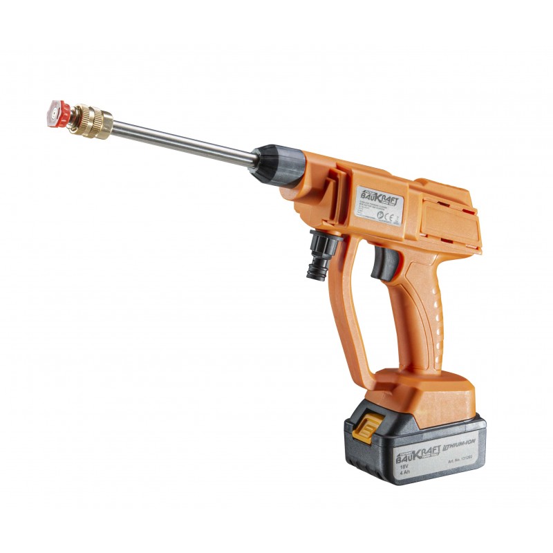Φορητό πλυστικό μηχάνημα Baukraft BK-HPC09, 18 V, 4 Ah, 2 λίτρα/λεπτό, 22 bar, με μπαταρία, φορτιστή και αξεσουάρ.