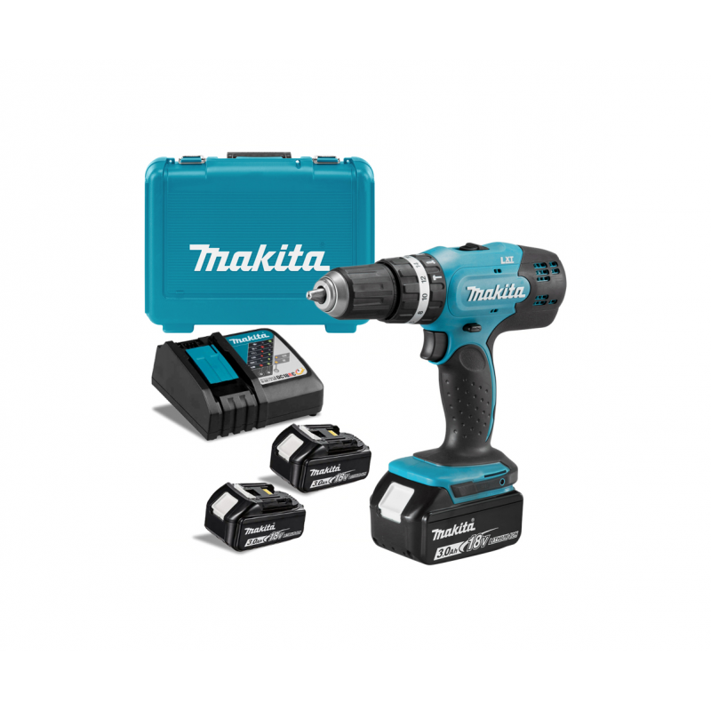 Μπαταριοκίνητο δράπανο κρούσης Makita με 2 μπαταρίες και φορτιστή, 18 V, 3 Ah, 42 Nm, 0-1300 σ.α.λ., 1.5-13 χιλ., DHP453RFE