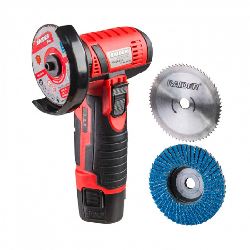 Επαναφορτιζόμενος γωνιακός τροχός Raider RD-CAG72, 12 V, 2 Ah, 75 mm, με μπαταρία και φορτιστή.