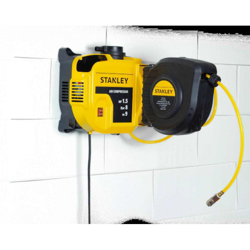 Μονοφασικός χωρίς λάδι συμπιεστής Stanley SXCMD15WE, 1100 W, 160 λ/λεπτό, 8 bar, 9 μ, με καρούλι και σωλήνα