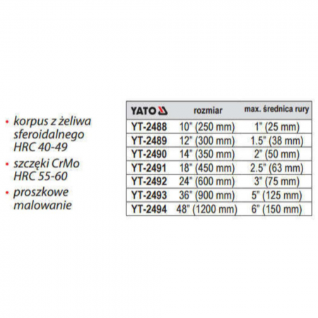 Κλειδί υδραυλικών μονόχειρης YATO, YT 2493, HEAVY DUTY, 900 χιλ.