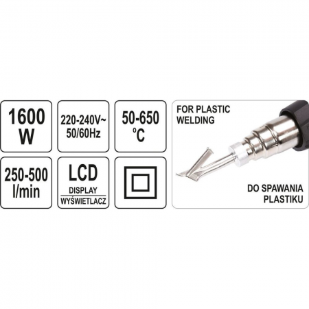 Πιστόλι θερμού αέρα YATO, YT 82296, 1600 W, 650 °C, οθόνη LCD