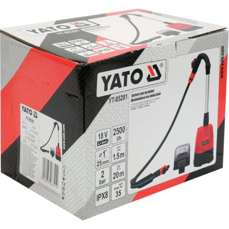Υποβρύχια αντλία νερού YATO, YT 85281, 18 V, 165 W, 2.5 m³/ώρα, χωρίς μπαταρία