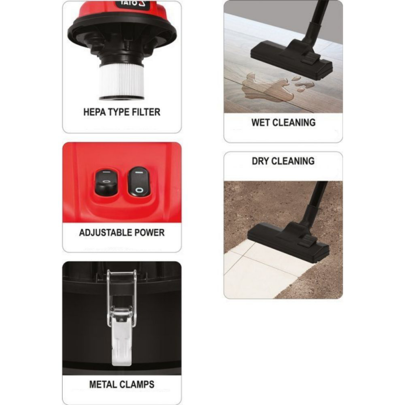 Ηλεκτρική σκούπα στεγνού/υγρού καθαρισμού YATO, YT 85710, 2400 W, 70 L