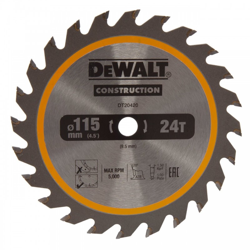 Δίσκος κυκλικός κοπής DeWALT για ξύλο σε αδρή μορφή με HM πλάκες 115 χλστ, 9.5 χλστ, 1 χλστ, 24 z, Construction