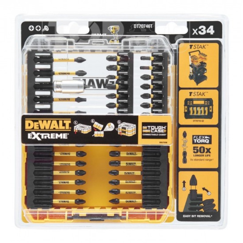 Σετ κρουστικών μύτων και ακροδεκτών DeWALT DT70746T, FLEXTORQ 34 τεμαχίων