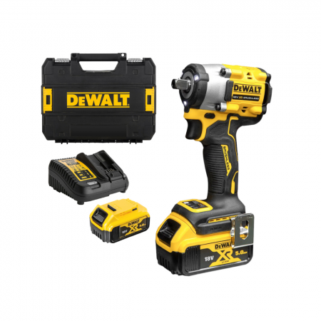 Παλμικό κλειδί μπαταρίας DeWALT με κινητήρα χωρίς ψήκτρες με 2 μπαταρίες και φορτιστή, 18 V, 5 Ah, 406 Nm, τετράγωνο, 1/2