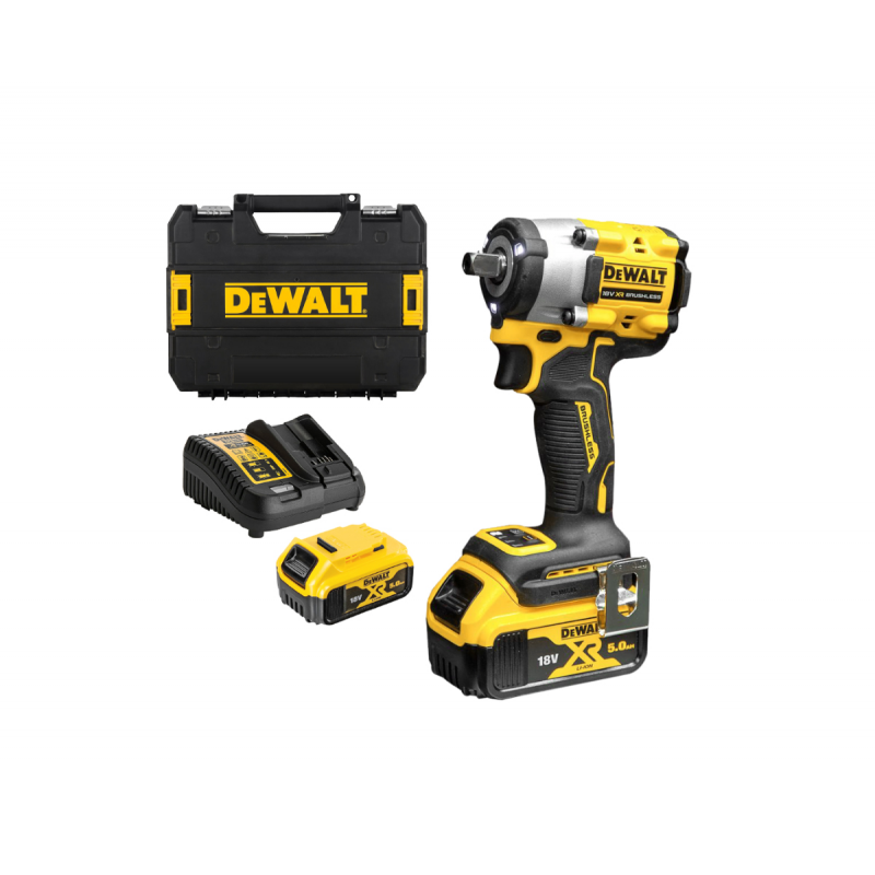 Παλμικό κλειδί μπαταρίας DeWALT με κινητήρα χωρίς ψήκτρες με 2 μπαταρίες και φορτιστή, 18 V, 5 Ah, 406 Nm, τετράγωνο, 1/2