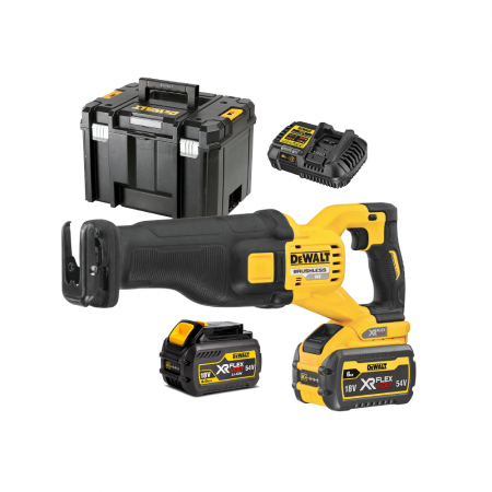 Σπαθοσέγα μπαταρίας  DeWALT με μεταβλητή ρύθμιση με 2 μπαταρίες και φορτιστή, 54V, 2Ah, 0-3000 χτυπήματα/λεπτό, 28.6 mm, DCS389T2