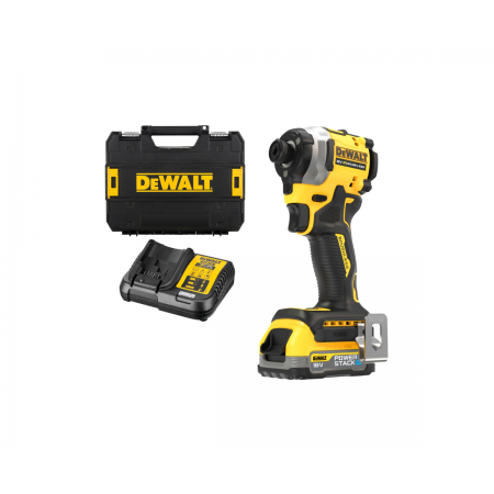 Παλμικό κατσαβίδι μπαταρίας DeWALT με κινητήρα χωρίς ψήκτρες με 1 μπαταρία και φορτιστή, 18V, 1,7 Ah, 206,2 Nm, εξάγωνο, 1/4", DCF850E1T