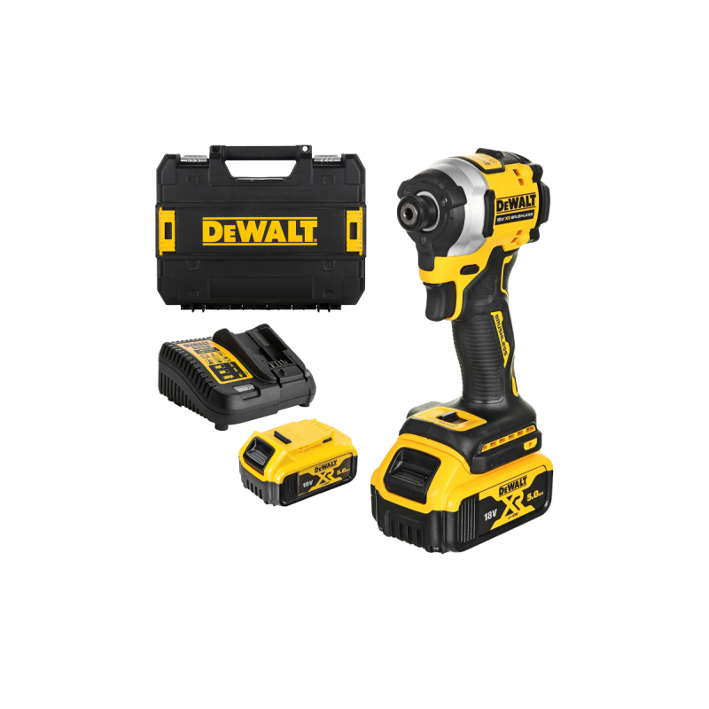 Κρουστικό παλμικό κατσαβίδι μπαταρίας DeWALT με κινητήρα χωρίς ψήκτρες με 2 μπαταρίες και φορτιστή, 18V, 5Ah, 206.2 Nm, εξάγωνο, 1/4'', DCF850P2T
