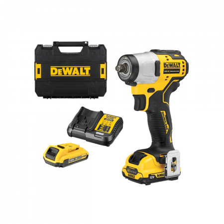 Κρουστικό κλειδί μπαταρίας DeWALT με βούρτσες και δύο μπαταρίες και φορτιστή, 12 V, 2 Ah, 270 Nm, τετραγωνικός, 3/8