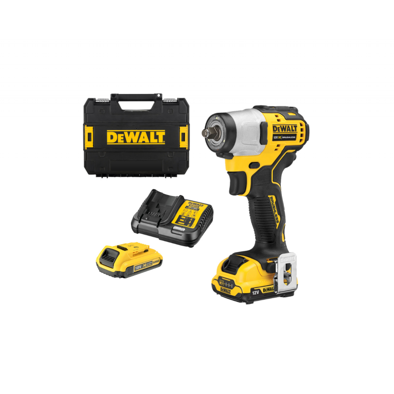 Κρουστικό κλειδί μπαταρίας DeWALT με βούρτσες και δύο μπαταρίες και φορτιστή, 12 V, 2 Ah, 270 Nm, τετραγωνικός, 3/8