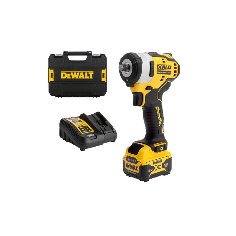 Μπουλονόκλειδο μπαταρίας DeWALT με κινητήρα χωρίς ψήκτρες, με 1 μπαταρία και φορτιστή, 12 V, 5 Ah, 339 Nm, τετράγωνο, 3/8
