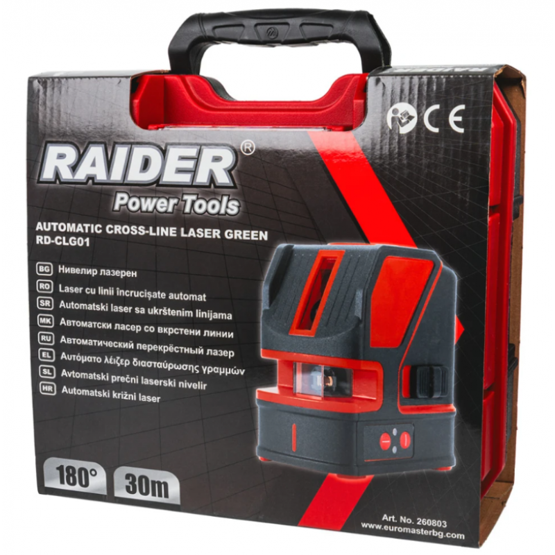 Πράσινο λέιζερ Raider RD-CLG01, 30 μ., 1/5 mm/m,  σταυροειδές ,με φορτιστή και βαλίτσα μεταφοράς