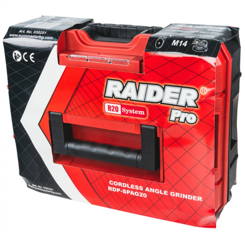 Επαναφορτιζόμενο γωνιακό τροχό Raider R20 Ø125 mm με μπαταρία 4Ah, βαλιτσάκι και 2 δίσκους – RDP-SPAG20 Set, 030251