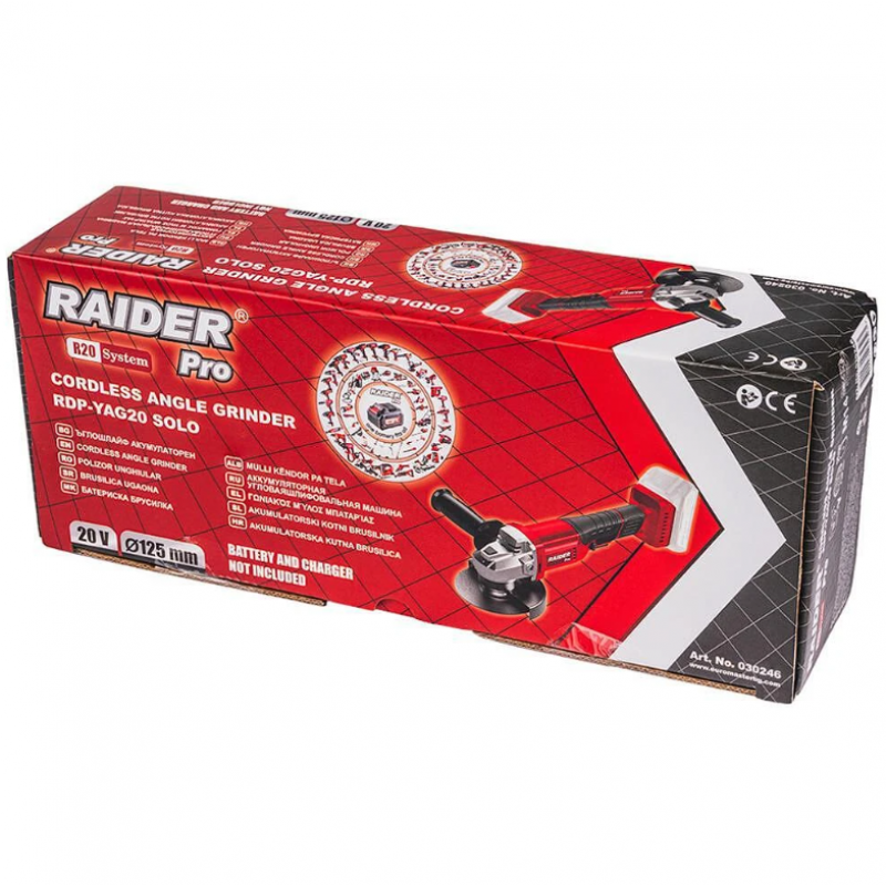 Επαναφορτιζόμενο γωνιακό τροχός Raider RDP-YAG20 Solo, σειρά R20, 20 V, 125 mm, χωρίς μπαταρία και φορτιστή