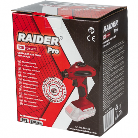 Επαναφορτιζόμενος μίνι αεροσυμπιεστής RAIDER RDP-JAP20 Solo, σειρά R 20, 20 V, 7 bar, 30 λίτρα/λεπτό, χωρίς μπαταρία και φορτιστή.