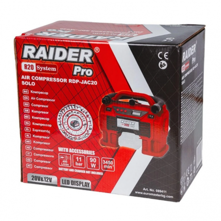 Ασύρματος Αεροσυμπιεστής RAIDER Pro RDP-JAC20 Solo, 20/12V, 11 bar, 400 L/min – Χωρίς Μπαταρία και Φορτιστή