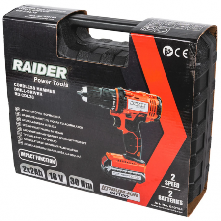 Κρουστικό δραπανοκατσάβιδο μπαταρίας Raider RD-CDL38, 18 V, 2 ταχυτήτων, 2x2 Ah, 30 Nm, 10 χλστ., βαλίτσα, 030184