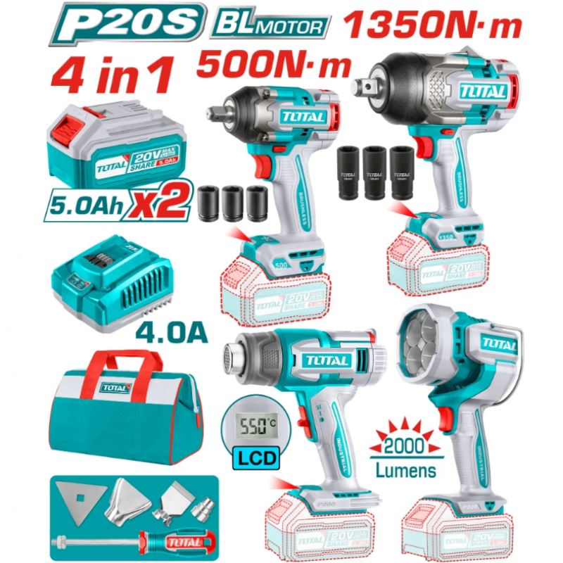 Σετ Επαναφορτιζόμενων Εργαλείων TOTAL INDUSTRIAL 20V με 2 Μπαταρίες 5Ah – TL IND TOSLI241293