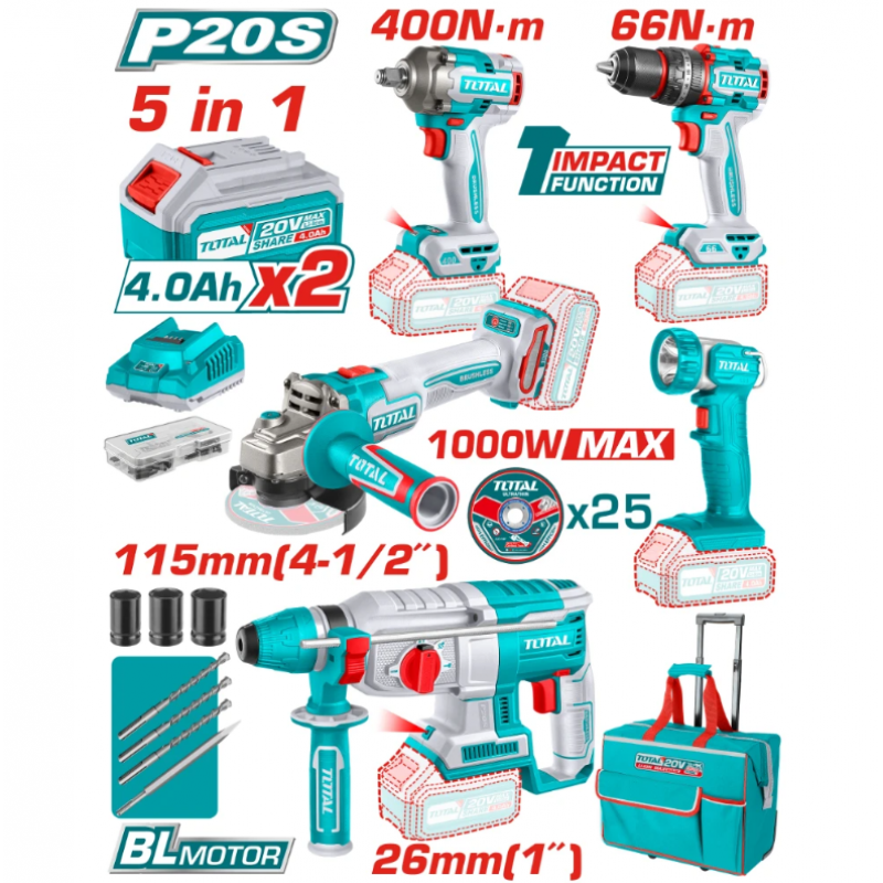 Σετ Επαναφορτιζόμενων Εργαλείων TOTAL INDUSTRIAL 5 σε 1, 20V με 2 Μπαταρίες 4Ah – TL IND TCKLI20592E