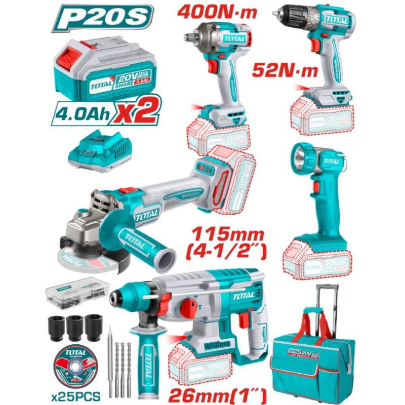 Σετ Επαναφορτιζόμενων Εργαλείων TOTAL INDUSTRIAL 20V με 2 Μπαταρίες 4Ah – TL IND TCKLI2058