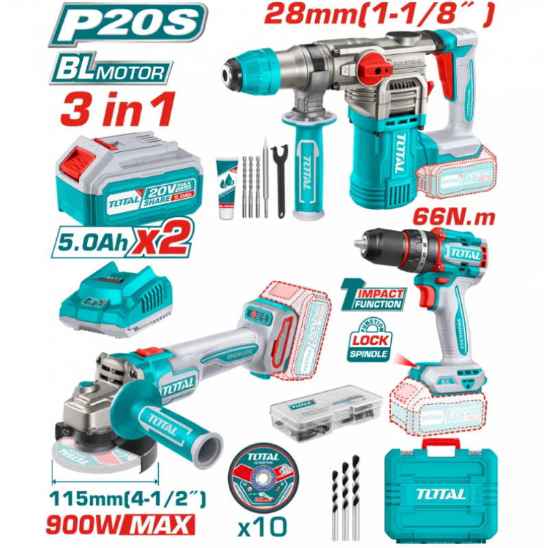 Σετ Επαναφορτιζόμενων Εργαλείων TOTAL INDUSTRIAL 20V με 2 Μπαταρίες 5Ah – TL IND TOSLI241183E