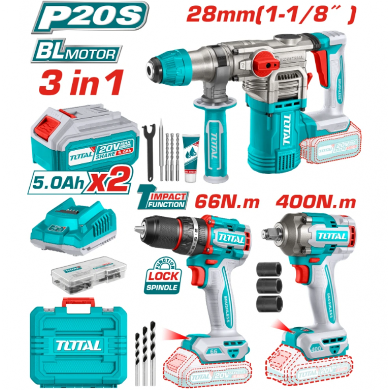 Σετ Επαναφορτιζόμενων Εργαλείων TOTAL INDUSTRIAL TCKLI20638E, 20V με 2 Μπαταρίες 5.0Ah