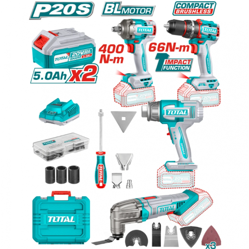 Σετ Επαναφορτιζόμενων Εργαλείων TOTAL INDUSTRIAL TOSLI240969E, 20V, με 2 Μπαταρίες 5.0Ah