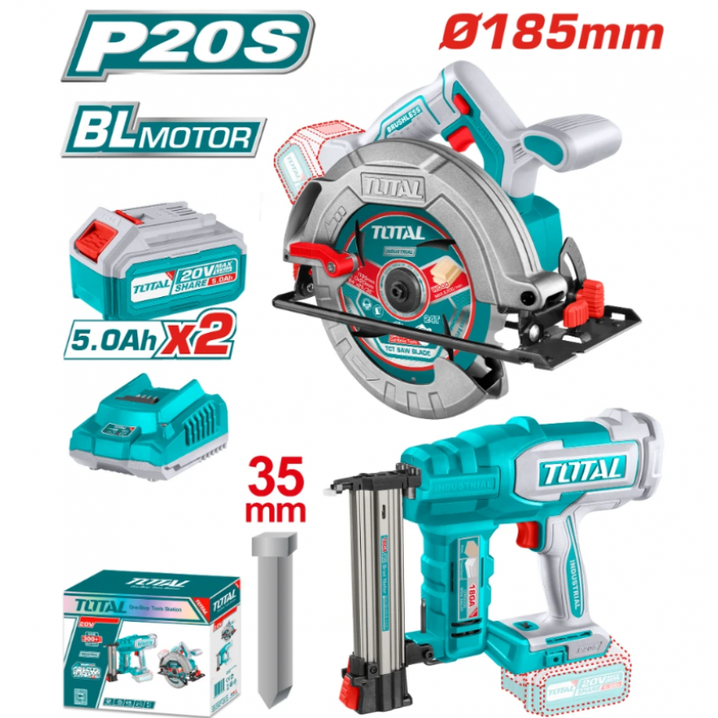 Σετ Επαναφορτιζόμενων Εργαλείων TOTAL INDUSTRIAL TOSLI240866E, Καρφωτικό & Δισκοπρίονο Χειρός, 20V, με 2 Μπαταρίες 5.0Ah