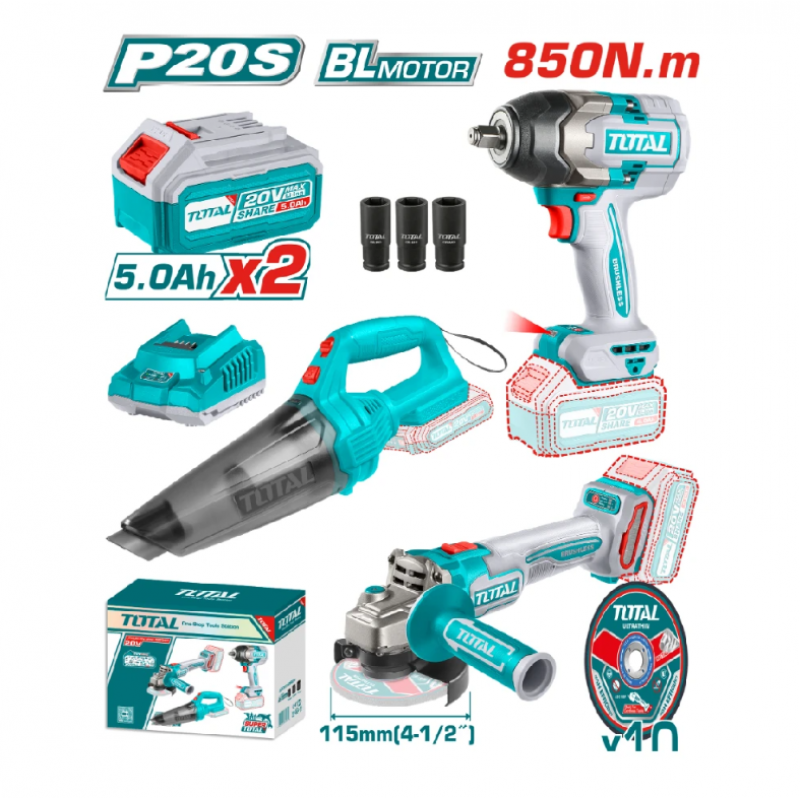Σετ Επαναφορτιζόμενων Εργαλείων TOTAL INDUSTRIAL TOSLI240789E, 20V, 2 x 5 Ah – Γαλλικό, Γωνιακός Τροχός και Σκούπα