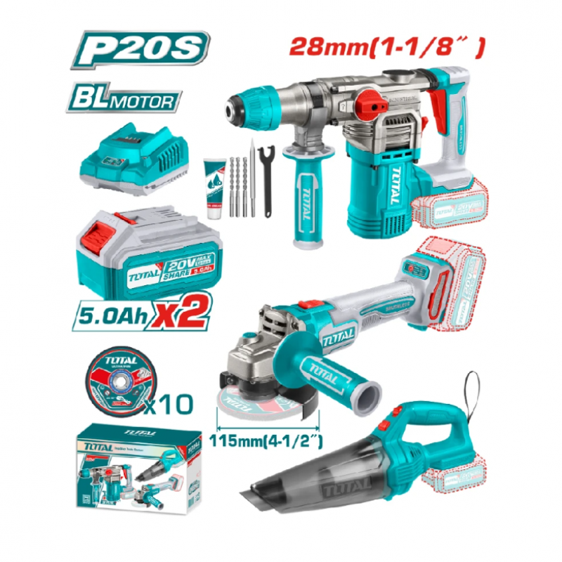 Σετ Επαναφορτιζόμενων Εργαλείων TOTAL INDUSTRIAL TOSLI240785E, 20V, 2 x 5 Ah