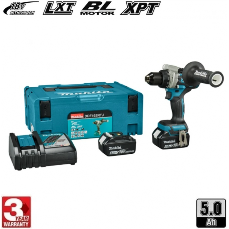 Ασύρματο δραπανοκατσαβίδι Makita DDF492RTJ, 18V Li-Ion, με 2 μπαταρίες 5Ah, μέγιστη ροπή 141 Nm, σε βαλιτσάκι.