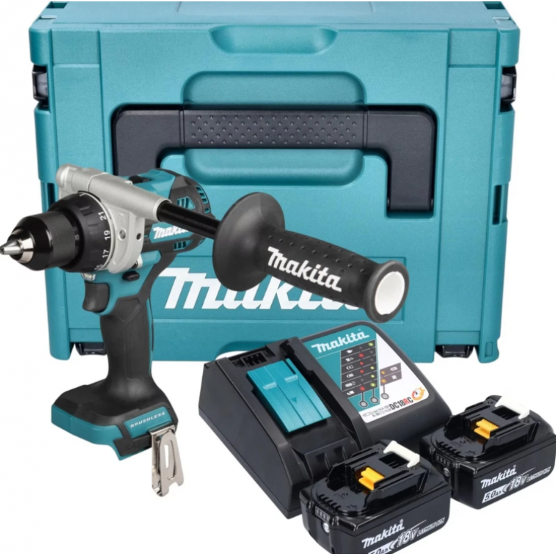 Ασύρματο δραπανοκατσαβίδι Makita DDF492RTJ, 18V Li-Ion, με 2 μπαταρίες 5Ah, μέγιστη ροπή 141 Nm, σε βαλιτσάκι.