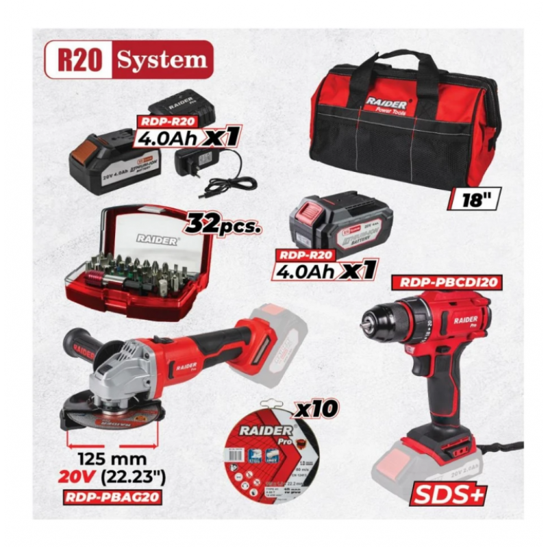 Σετ Ασύρματων Εργαλείων Χωρίς Ψήκτρες  Raider RDP-BXS14, Σειρά R20, 20V, 2x4 Ah, με Μπαταρίες, Φορτιστή και Αξεσουάρ, 030333