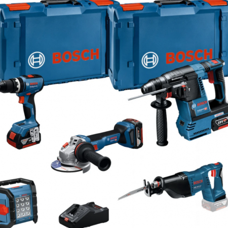 Σετ επαναφορτιζόμενων εργαλείων Bosch GBH 18V-26 + GWS 18V-11 + GSB 18V-65 + GSA 18V-Li – 18 V, 5 Ah