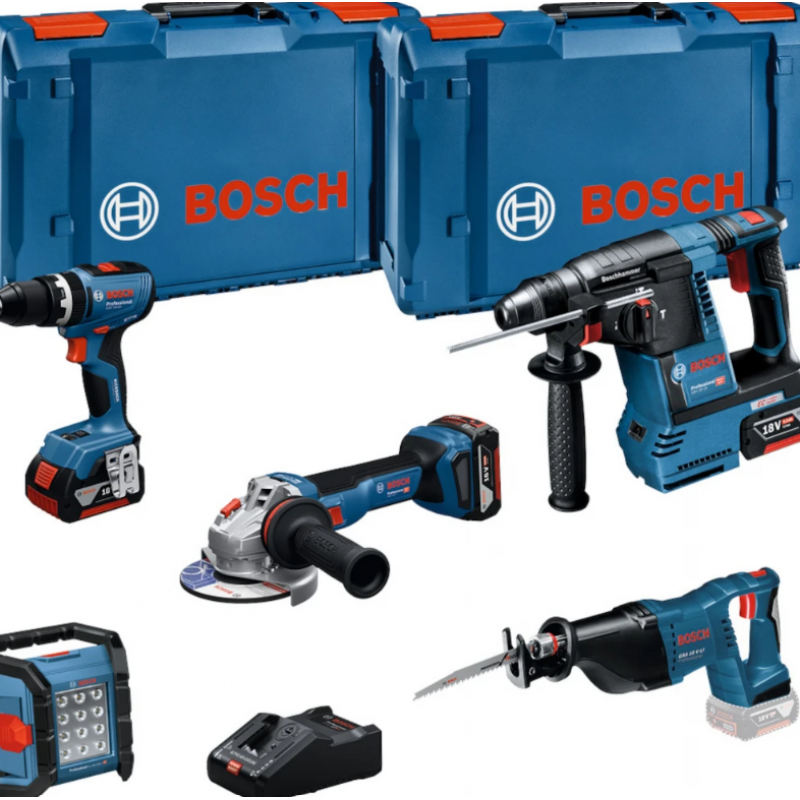 Σετ επαναφορτιζόμενων εργαλείων Bosch GBH 18V-26 + GWS 18V-11 + GSB 18V-65 + GSA 18V-Li – 18 V, 5 Ah