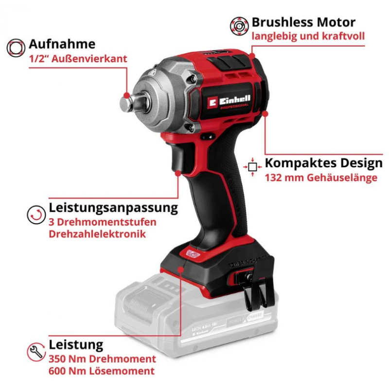 Επαναφορτιζόμενο Κρουστικό Καρυδάκι Einhell PROFESSIONAL TP-CW 18/350-C Li BL, 4510055