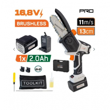 Επαναφορτιζόμενο Μίνι Αλυσοπρίονο NAKAYAMA PRO EC1500, 16.8 V, 2 Ah, Αυτόματη Λίπανση Αλυσίδας, 13 cm, με Μπαταρία και Φορτιστή