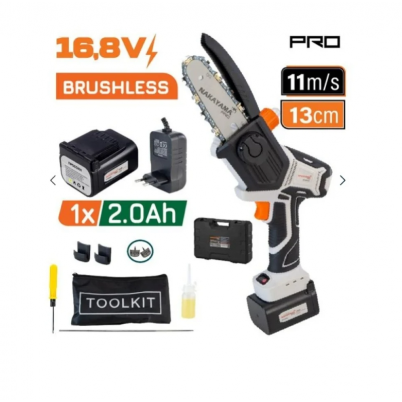 Επαναφορτιζόμενο Μίνι Αλυσοπρίονο NAKAYAMA PRO EC1500, 16.8 V, 2 Ah, Αυτόματη Λίπανση Αλυσίδας, 13 cm, με Μπαταρία και Φορτιστή