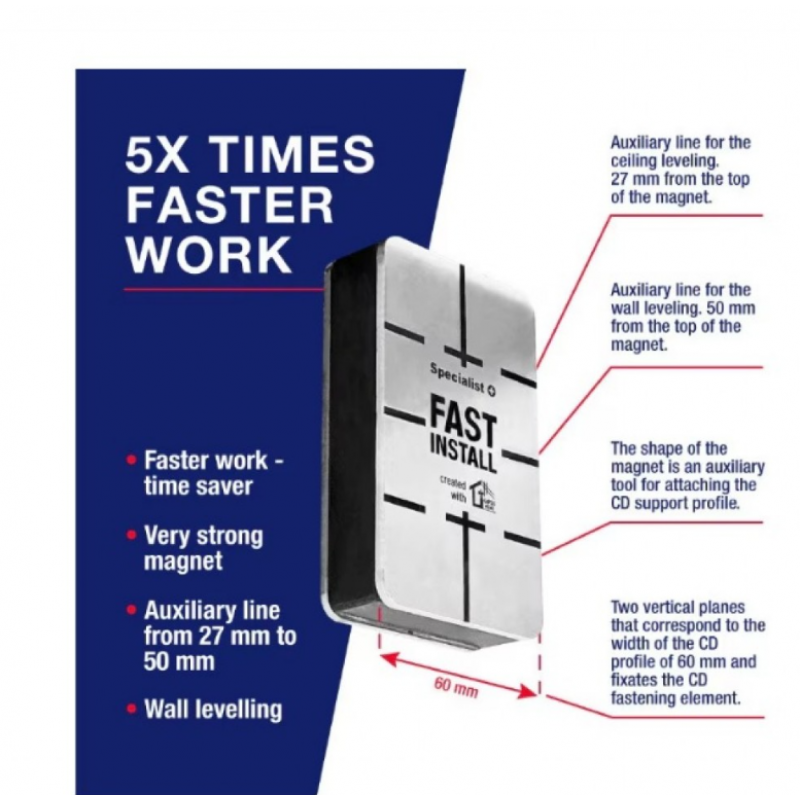 Μαγνήτης ευθυγράμμισης για γυψοσανίδα Specialist+ FAST INSTALL, 100×60×27 mm