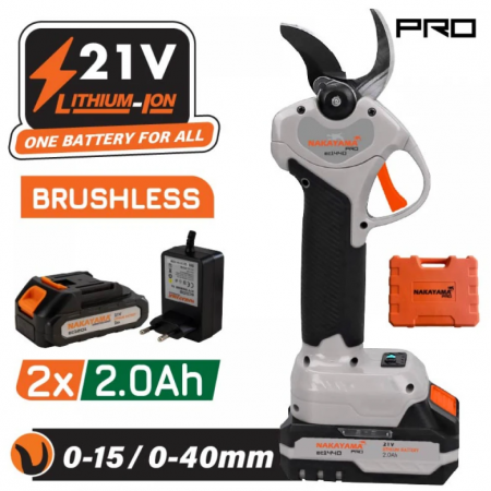 Επαναφορτιζόμενο  ψαλίδι αμπελιού NAKAYAMA Pro EC1440, 21V, 15–40 mm, με 2 μπαταρίες, φορτιστή και βαλίτσα