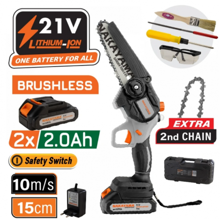 Ασύρματο χωρίς ψήκτρες πριόνι NAKAYAMA EC1100, 21 V, 2 x 2.0 Ah με φορτιστή και αυτόματη λίπανση αλυσίδας