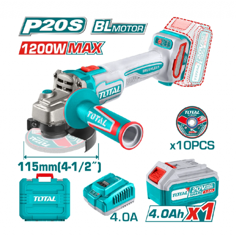 Ασύρματος Γωνιακός Τροχός TOTAL INDUSTRIAL TAGLI2211531E Brushless 20V, Ø115 mm, 1x4Ah