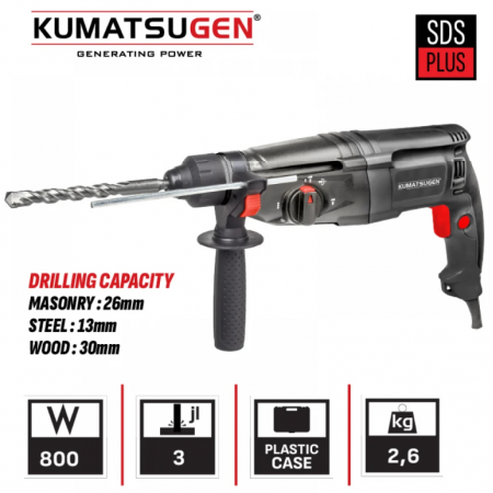 Ηλεκτρικό Περιστροφικό Πιστολέτο KUMATSUGEN KPH100, SDS-PLUS, 800 W, 3 J, 0–1250 σ.α.λ., με Βαλίτσα