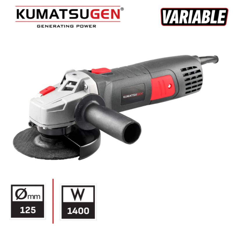 Ηλεκτρικός γωνιακός τροχός KUMATSUGEN KAG140, 1400 W, Ø125 mm, 2800–10000 σ.α.λ., με ρύθμιση στροφών