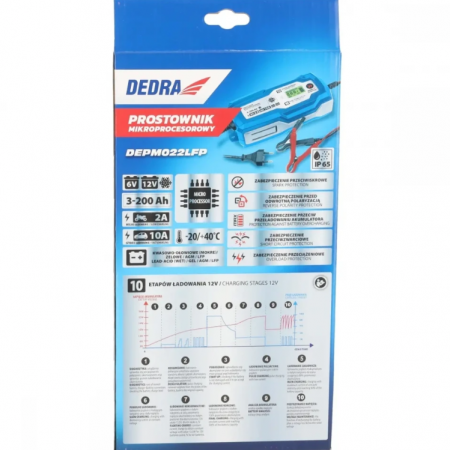 Αυτόματος Φορτιστής Μπαταριών Dedra DEPM022LFP, 6/12V, 10A, LCD, LiFePO4 / LFP, 3-200Ah