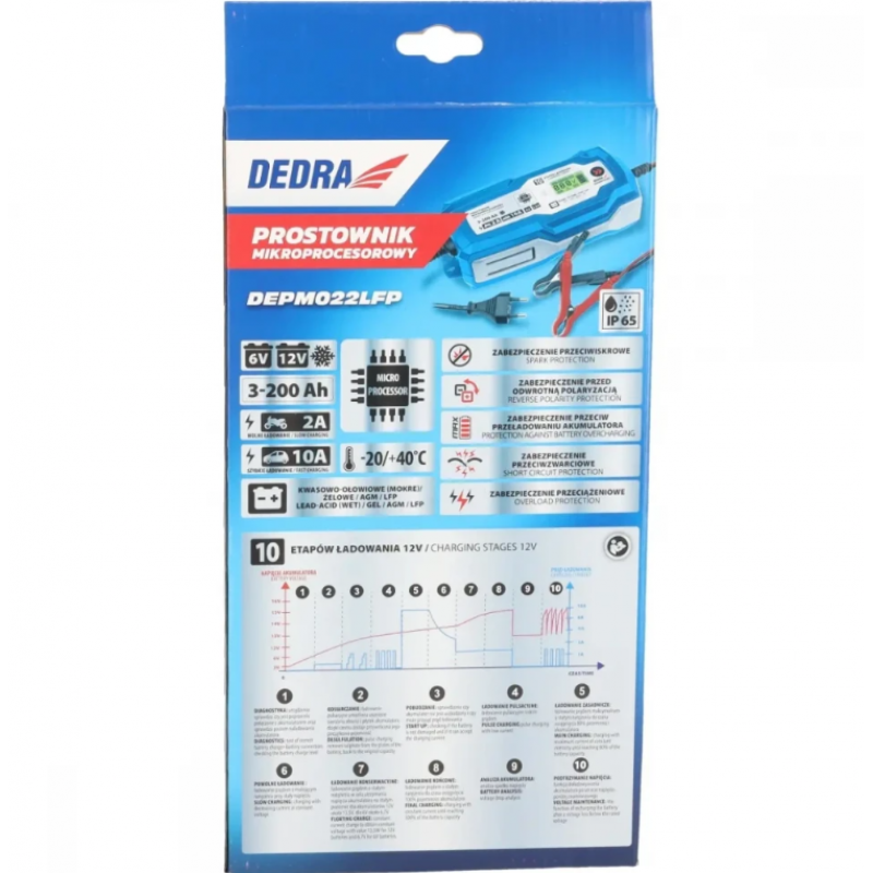 Αυτόματος Φορτιστής Μπαταριών Dedra DEPM022LFP, 6/12V, 10A, LCD, LiFePO4 / LFP, 3-200Ah