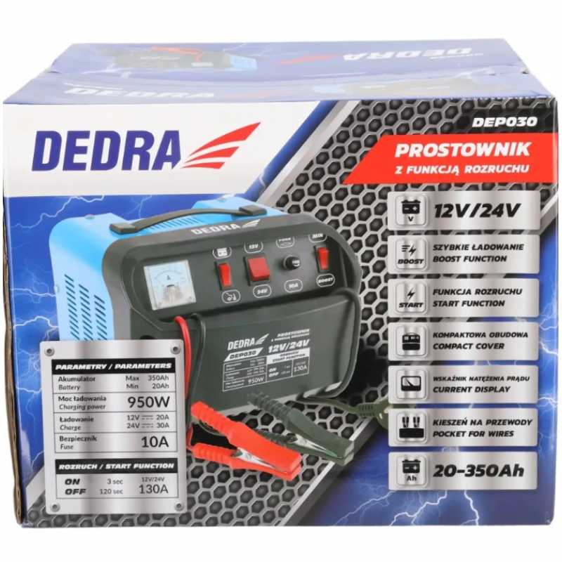 Φορτιστής και Εκκινητής Μπαταριών Dedra DEP030, 12/24 V, 20-350 Ah, Λειτουργία Γρήγορης Φόρτισης (Boost)